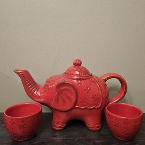 Collectible Red Ceramic Elephant Tea Set, Teapot and Teacups